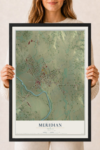 Map of Meridian, Texas, 18 x 24 inch print in a black wood frame