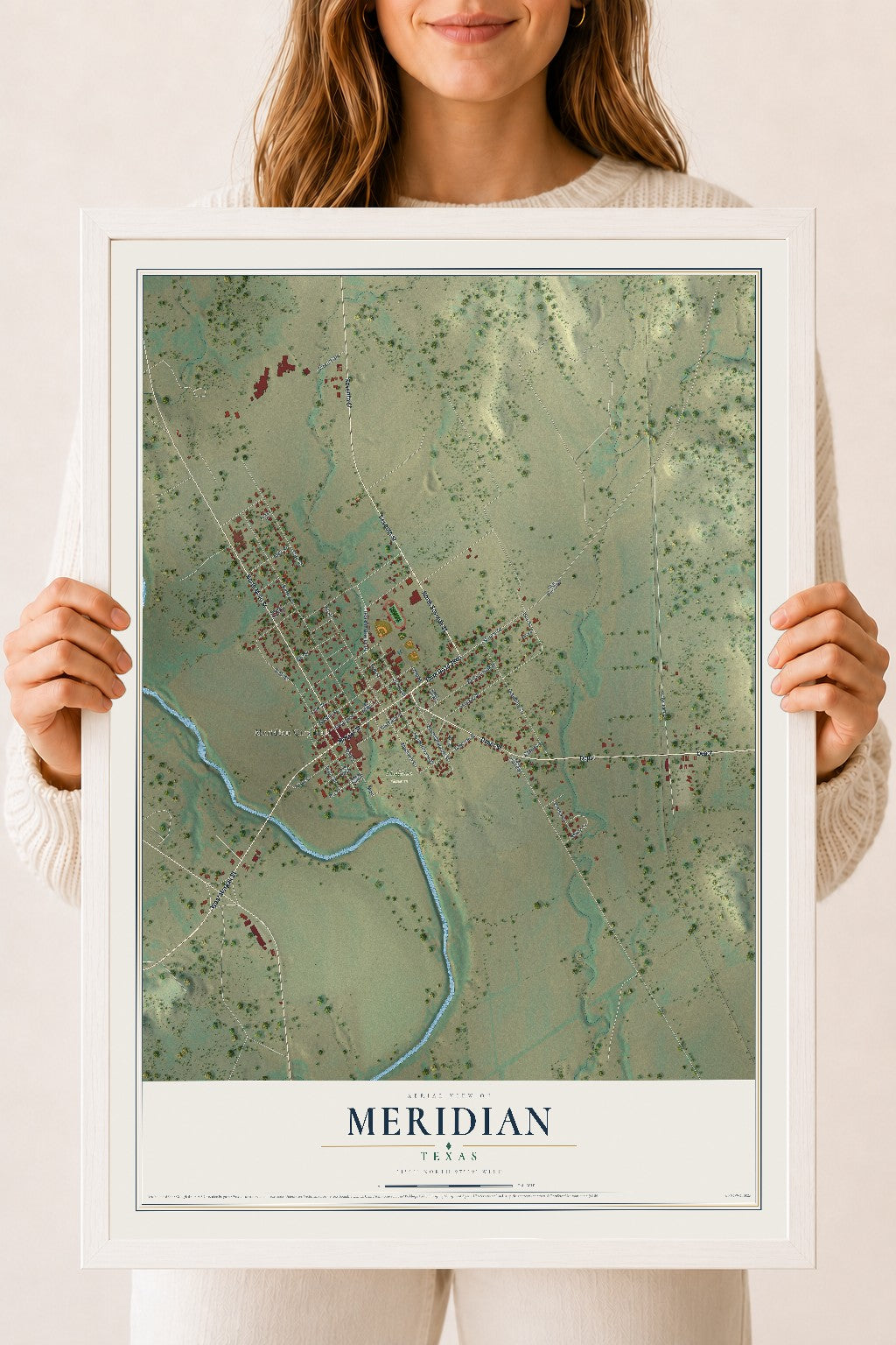 Map of Meridian, Texas, 18 x 24 inch print in a white wood frame