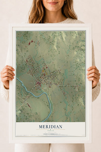 Map of Meridian, Texas, 18 x 24 inch print in a white wood frame