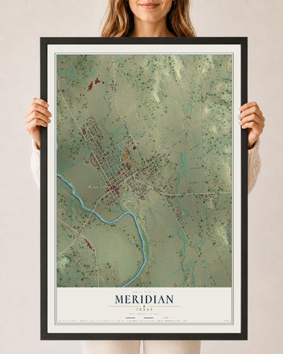 Map of Meridian, Texas, 24 x 36 inch print in a black wood frame