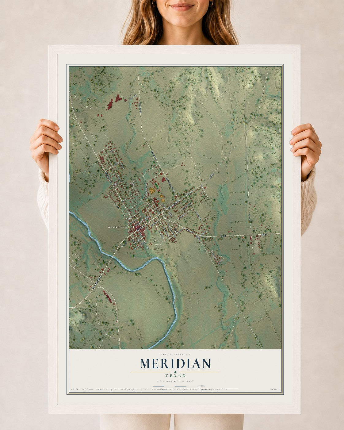 Map of Meridian, Texas, 24 x 36 inch print in a white wood frame