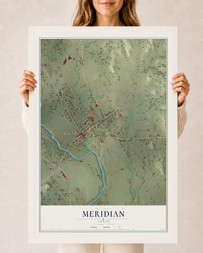 Map of Meridian, Texas, 24 x 36 inch print in a white wood frame