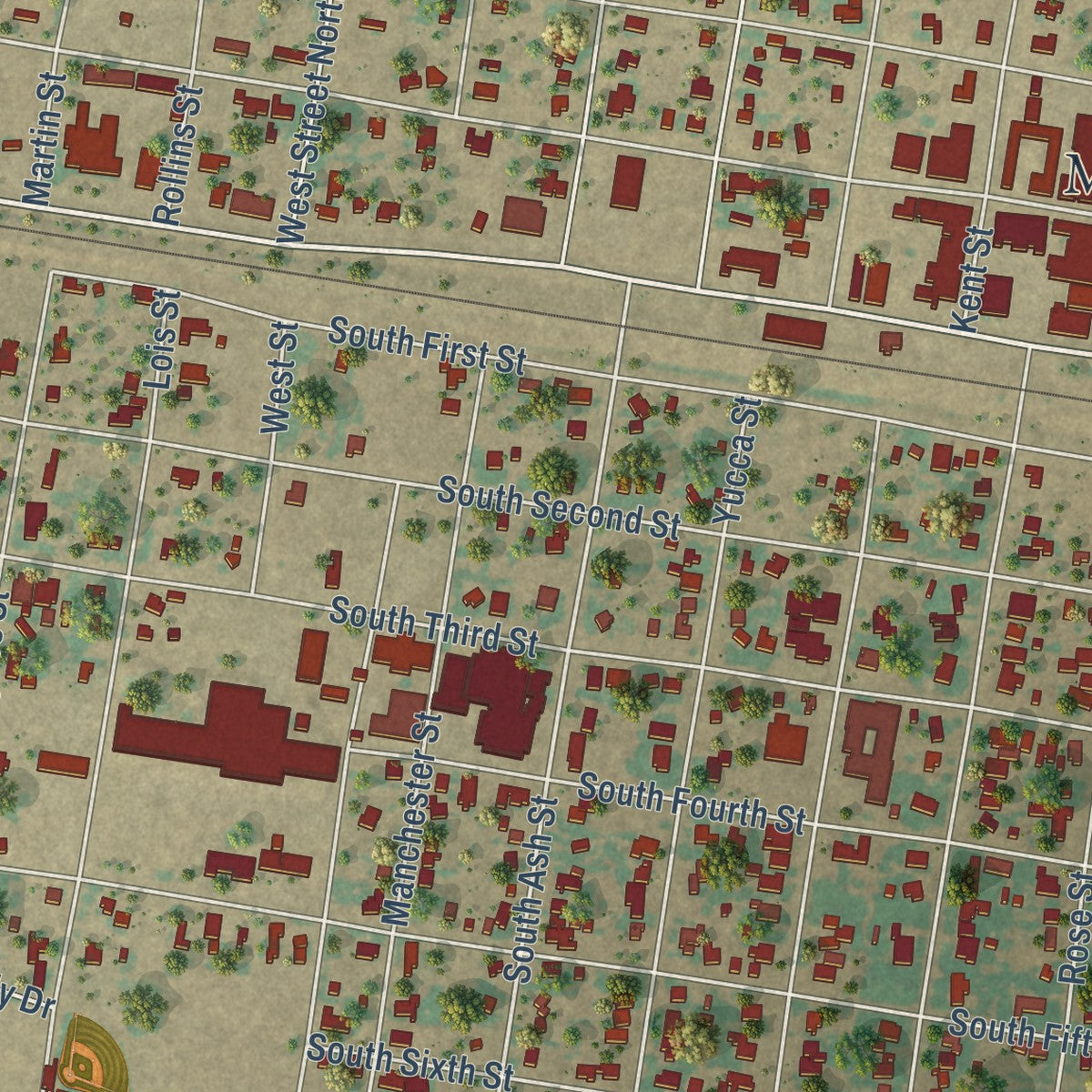 Close-up of the map of Merkel, Texas print showing street and building detail