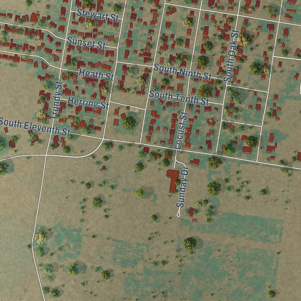 Second close-up of the map of Merkel, Texas print showing more streets and buildings