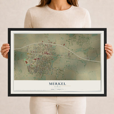 Map of Merkel, Texas, 12 x 18 inch print in a black wood frame