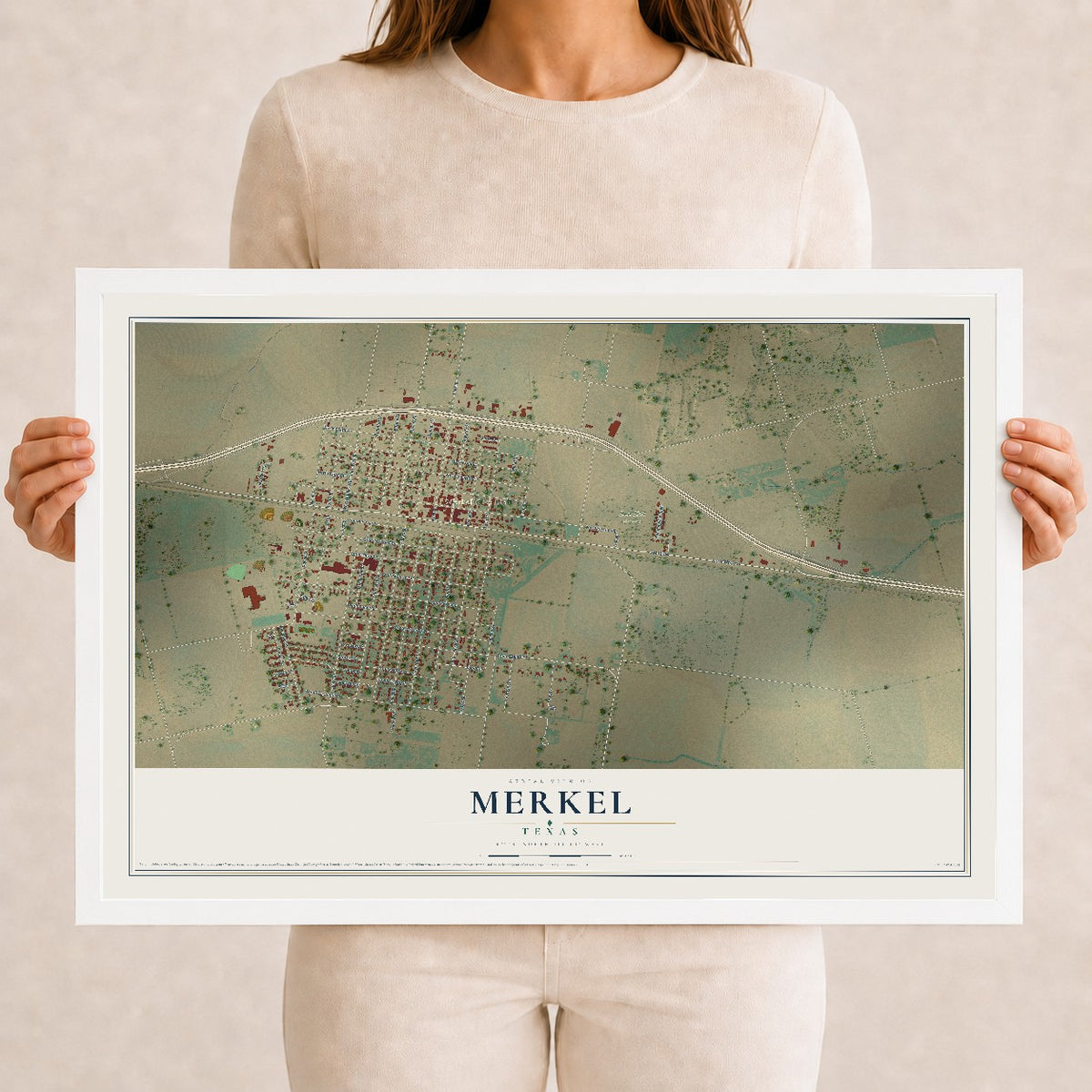 Map of Merkel, Texas, 12 x 18 inch print in a white wood frame