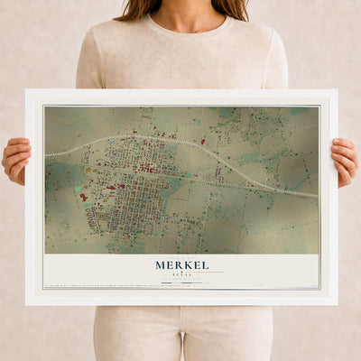Map of Merkel, Texas, 12 x 18 inch print in a white wood frame