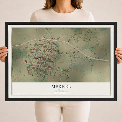 Map of Merkel, Texas, 18 x 24 inch print in a black wood frame