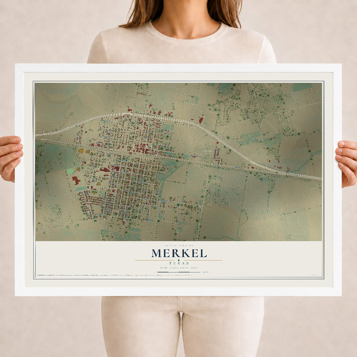 Map of Merkel, Texas, 18 x 24 inch print in a white wood frame