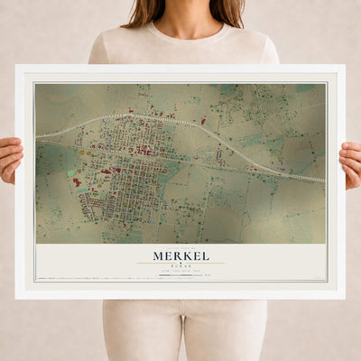 Map of Merkel, Texas, 18 x 24 inch print in a white wood frame