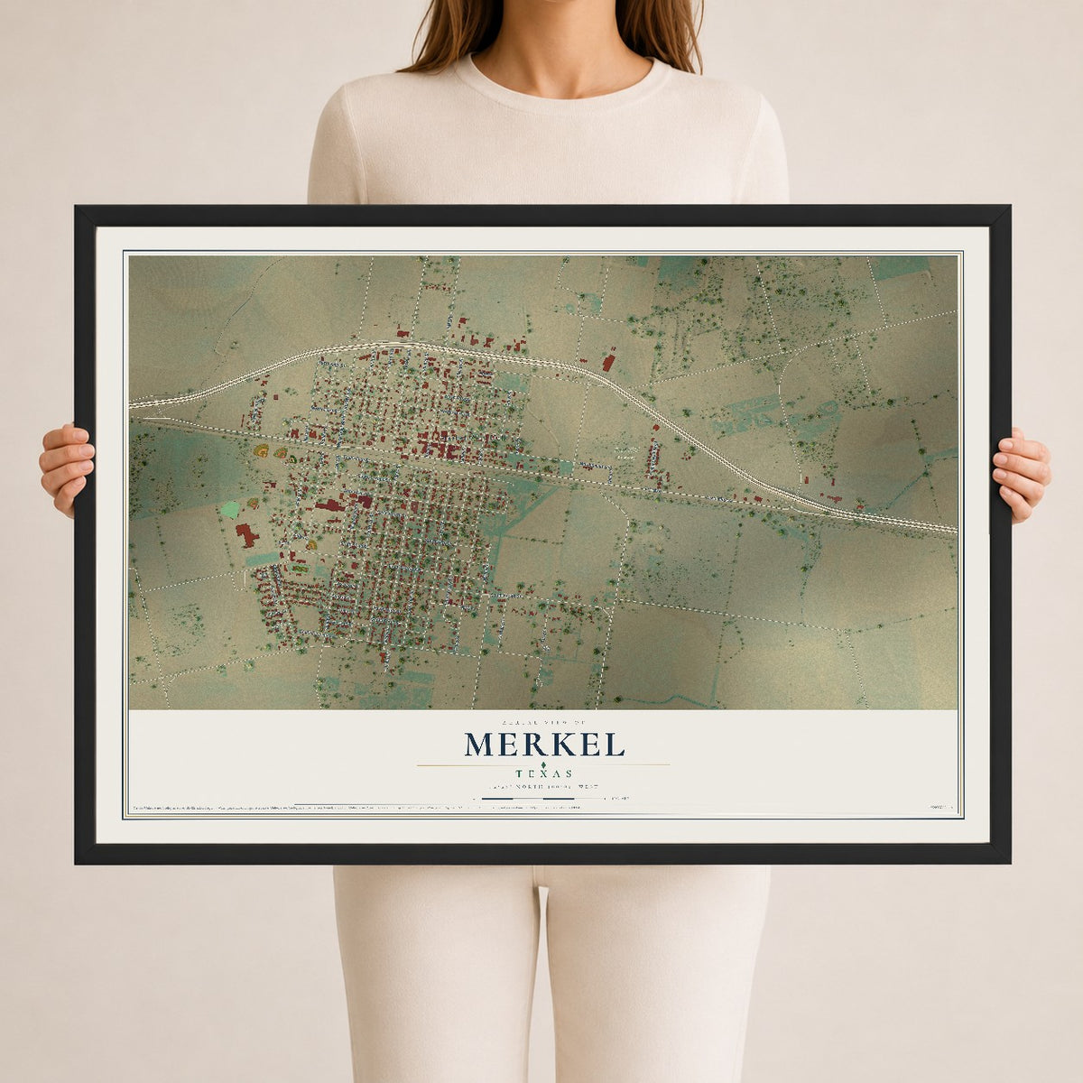 Map of Merkel, Texas, 24 x 36 inch print in a black wood frame