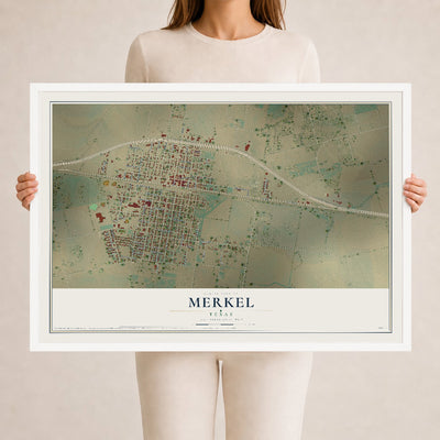 Map of Merkel, Texas, 24 x 36 inch print in a white wood frame