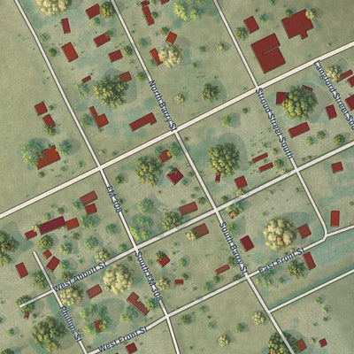 Close-up of the map of Mertens, Texas print showing street and building detail