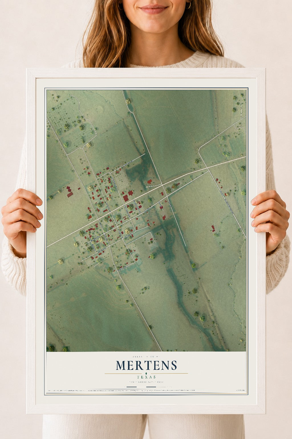 Map of Mertens, Texas, 18 x 24 inch print in a white wood frame