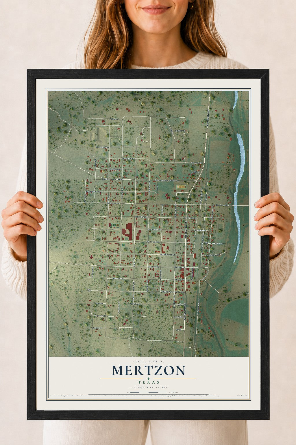 Map of Mertzon, Texas, 18 x 24 inch print in a black wood frame