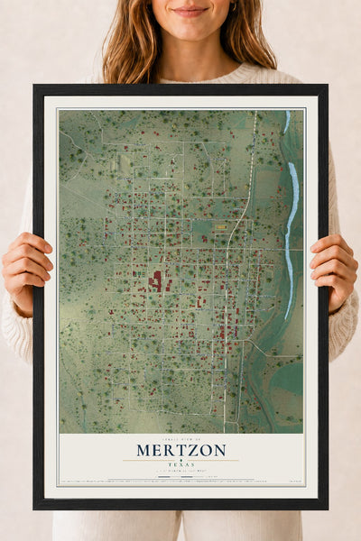 Map of Mertzon, Texas, 18 x 24 inch print in a black wood frame