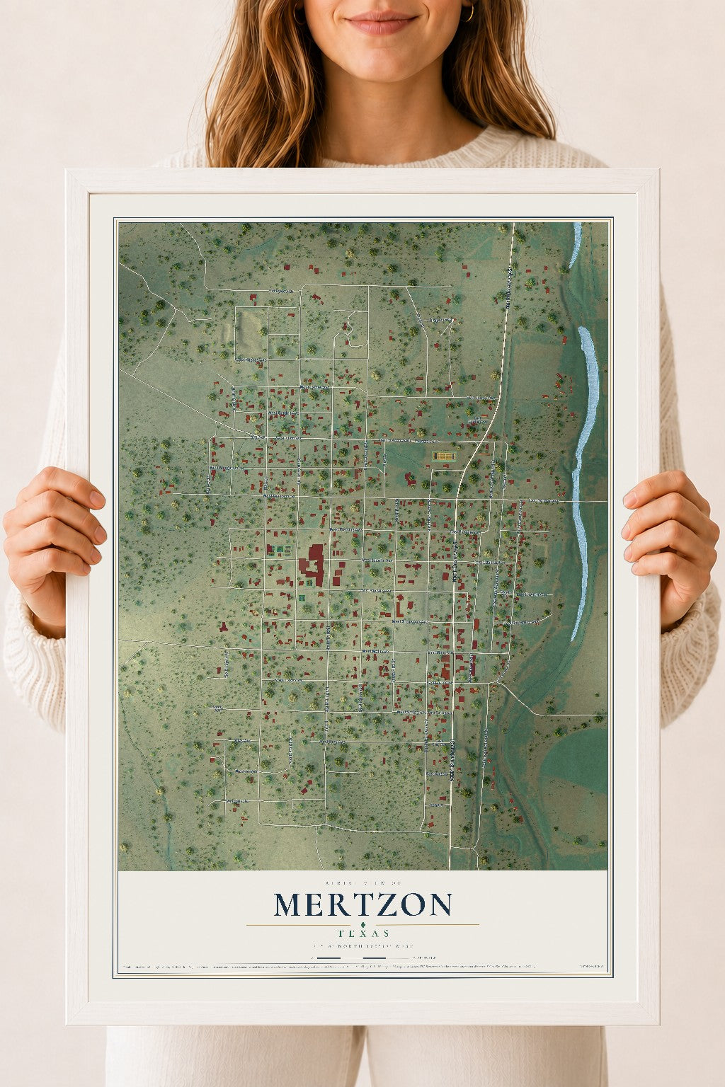 Map of Mertzon, Texas, 18 x 24 inch print in a white wood frame