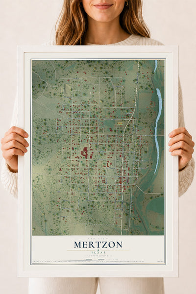 Map of Mertzon, Texas, 18 x 24 inch print in a white wood frame