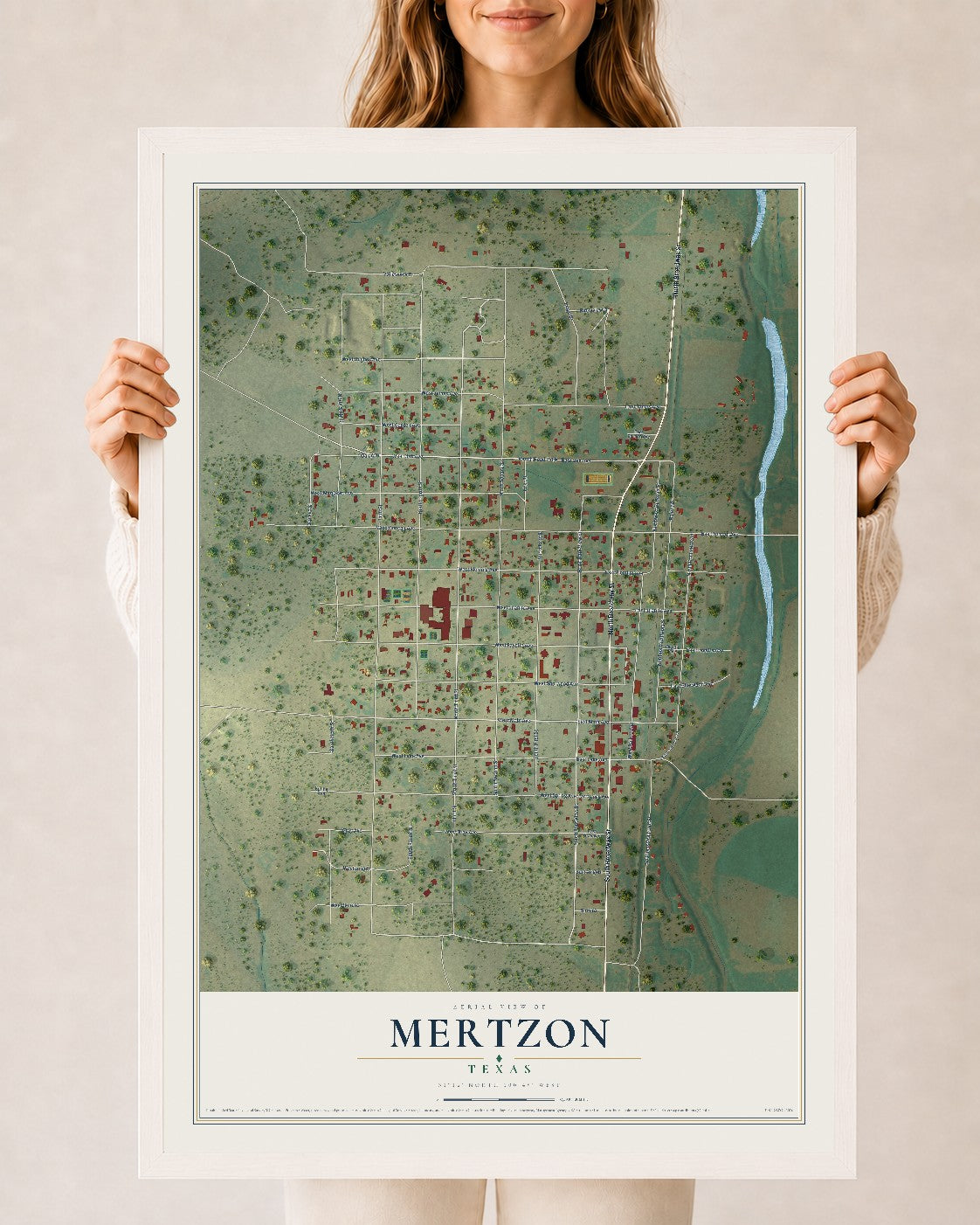 Map of Mertzon, Texas, 24 x 36 inch print in a white wood frame