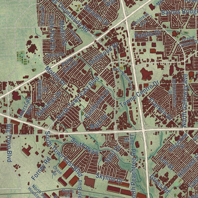 Close-up of the map of Mesquite, Texas print showing street and building detail