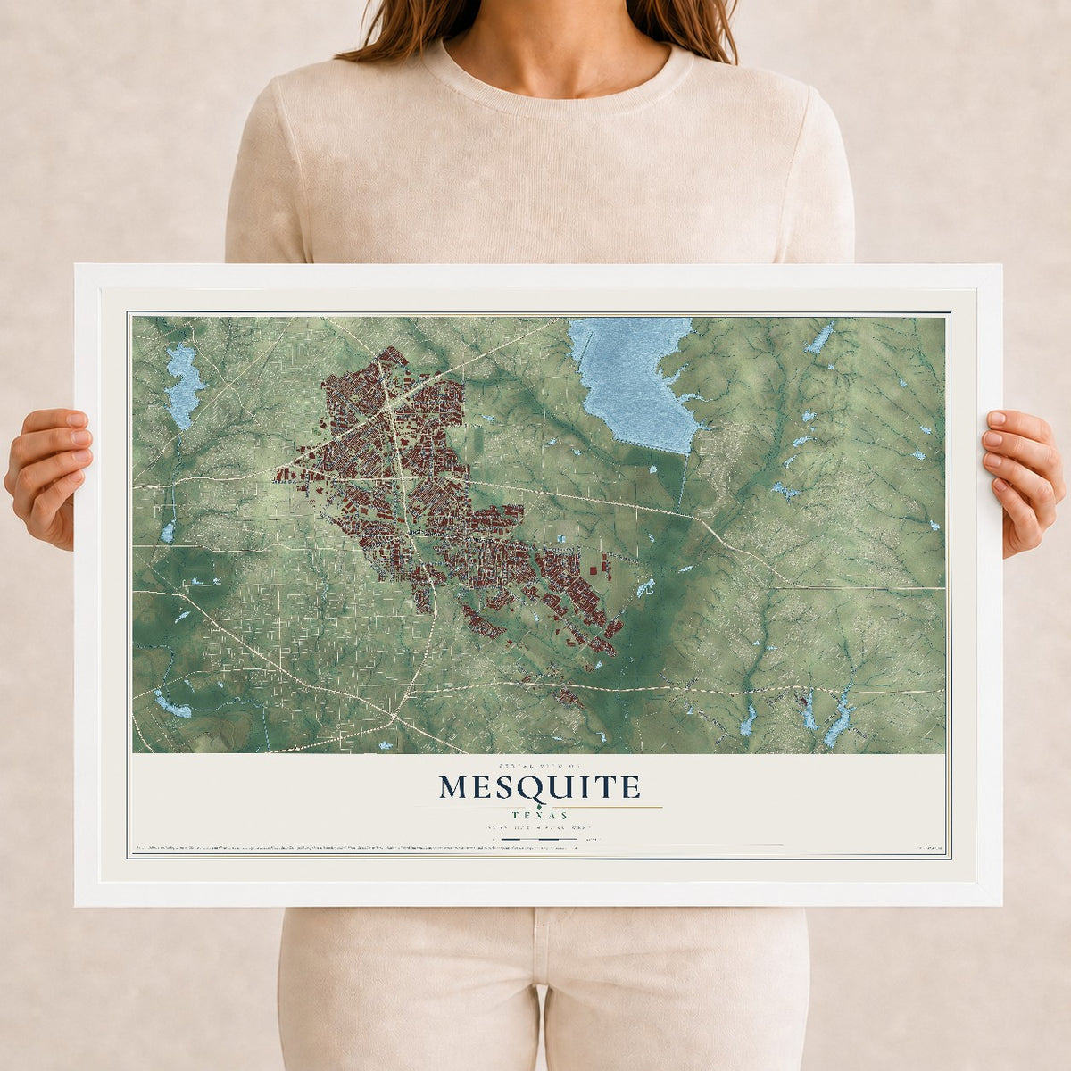 Map of Mesquite, Texas, 12 x 18 inch print in a white wood frame