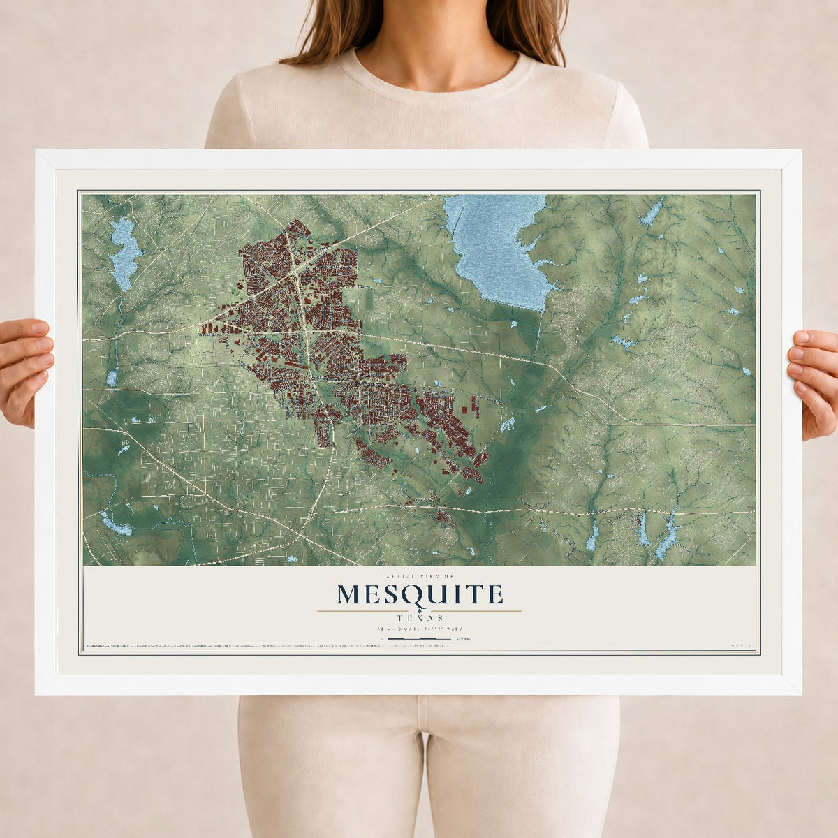 Map of Mesquite, Texas, 18 x 24 inch print in a white wood frame