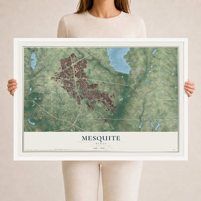 Map of Mesquite, Texas, 24 x 36 inch print in a white wood frame