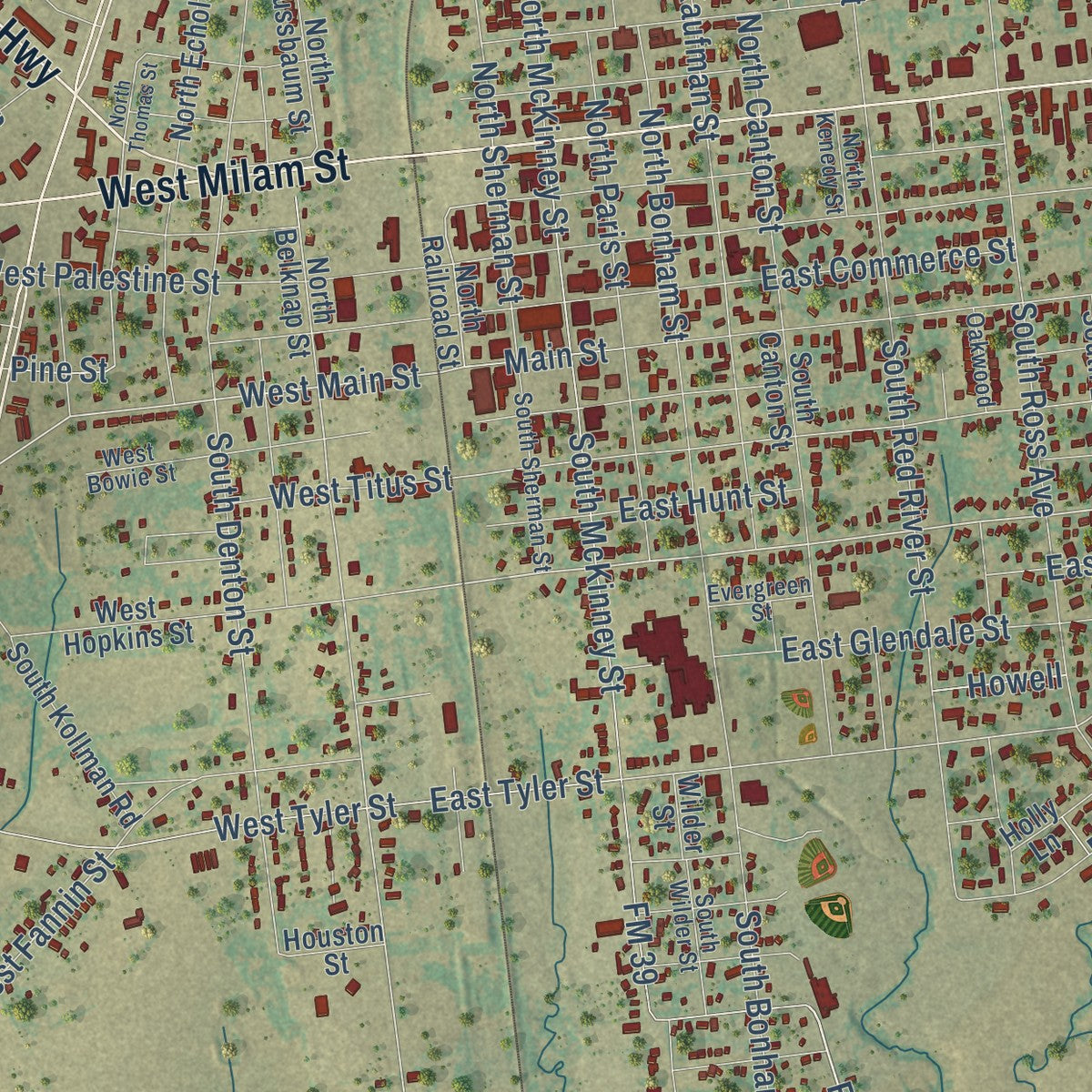 Close-up of the map of Mexia, Texas print showing street and building detail