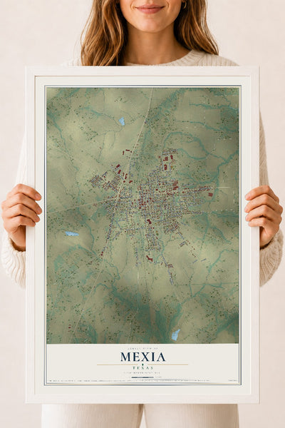 Map of Mexia, Texas, 18 x 24 inch print in a white wood frame