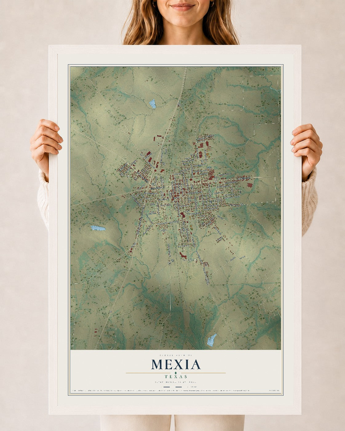 Map of Mexia, Texas, 24 x 36 inch print in a white wood frame