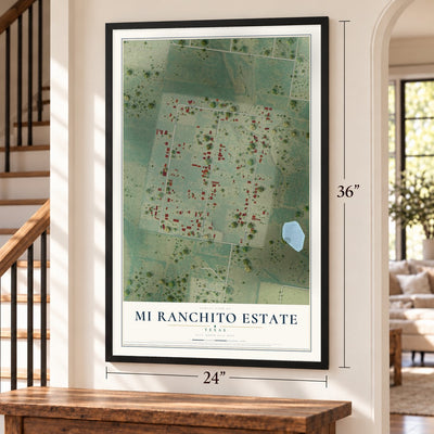 Mi Ranchito Estate, Texas map, 24 x 36 inch print in a black frame by a staircase
