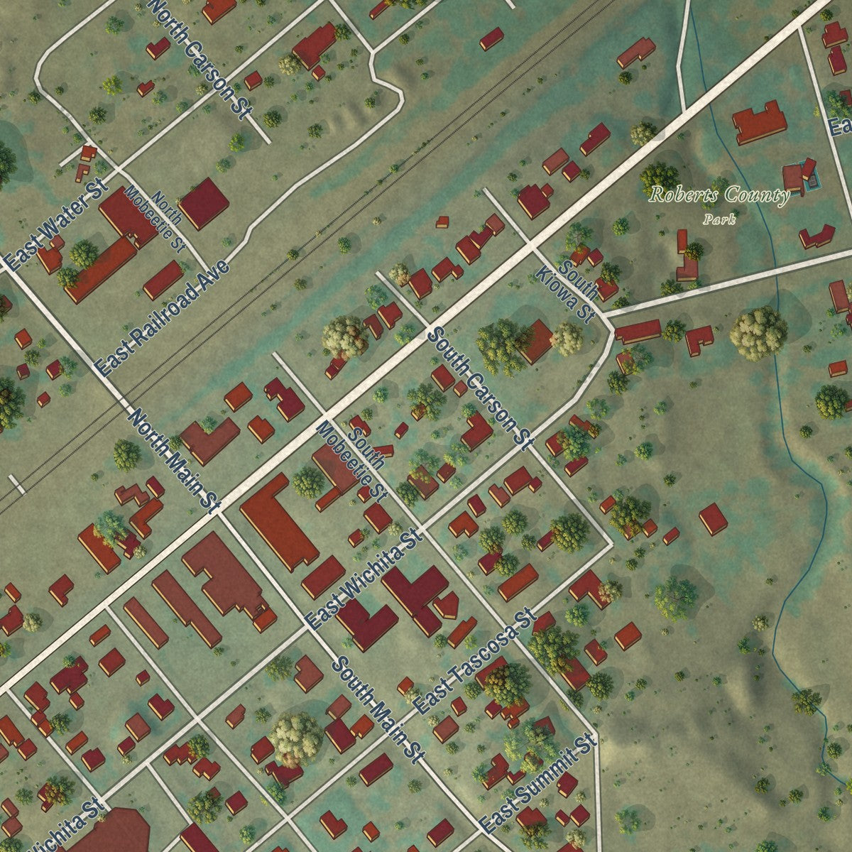 Close-up of the map of Miami, Texas print showing street and building detail