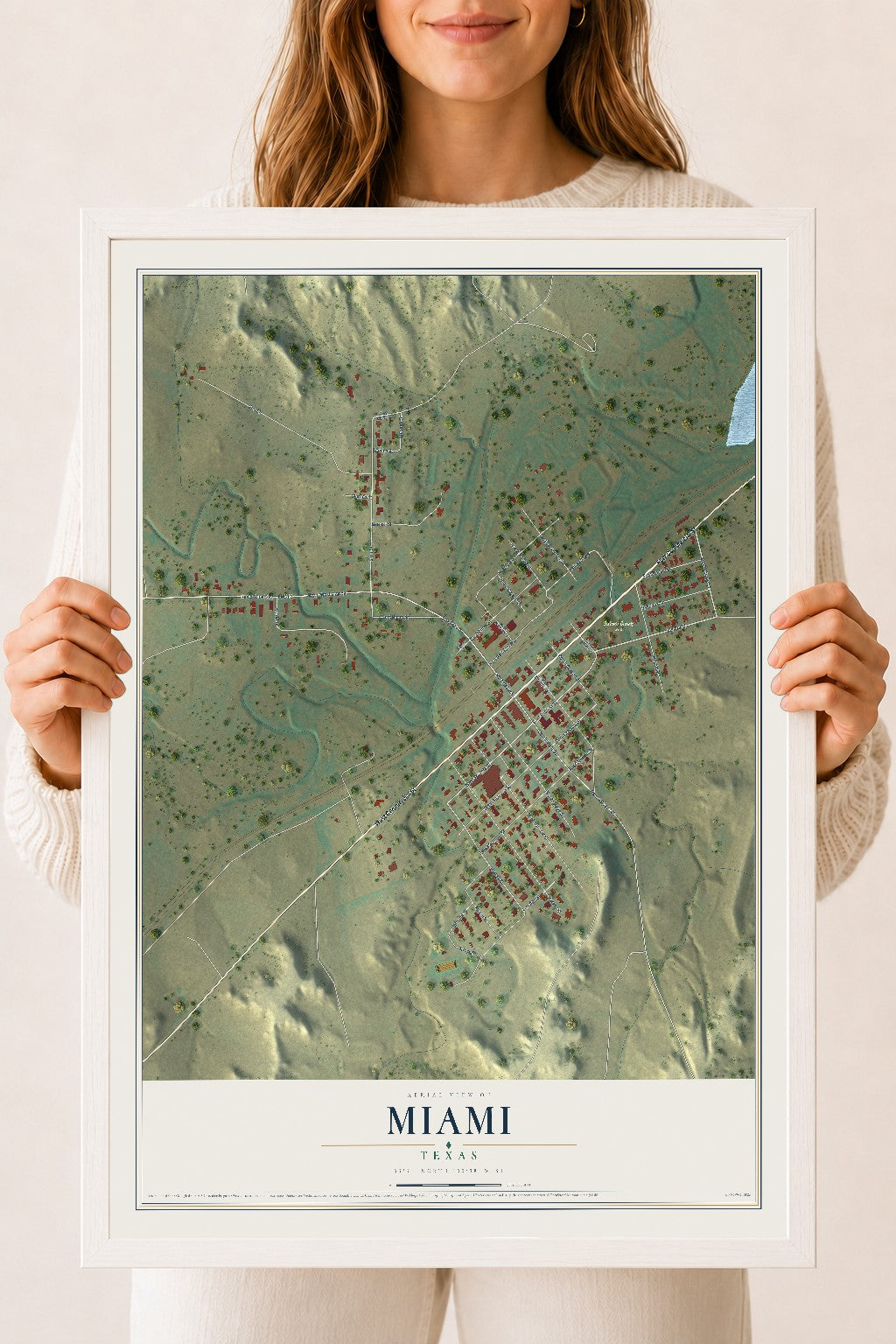 Map of Miami, Texas, 18 x 24 inch print in a white wood frame