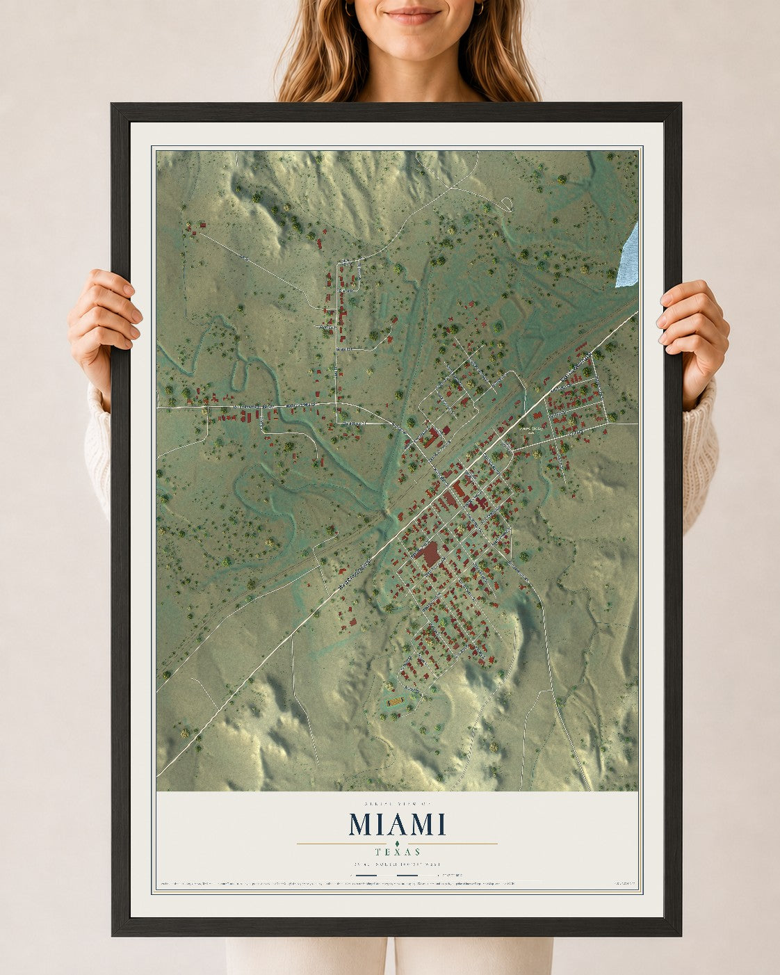 Map of Miami, Texas, 24 x 36 inch print in a black wood frame