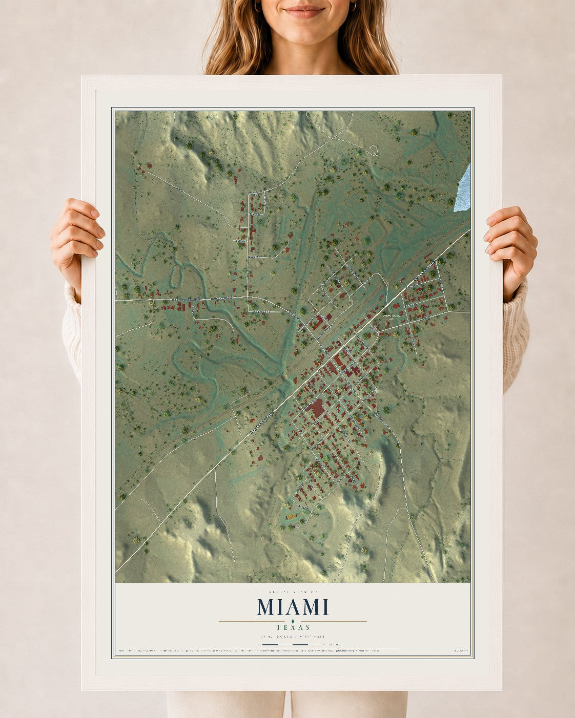 Map of Miami, Texas, 24 x 36 inch print in a white wood frame