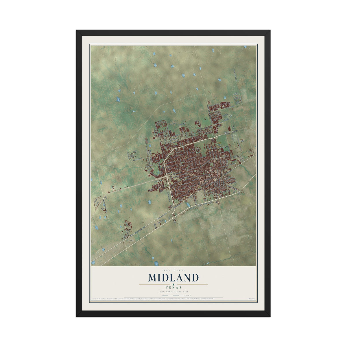 Map of Midland, Texas, 12 x 18 inch print in a black wood frame