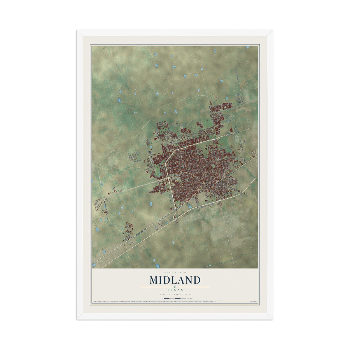 Map of Midland, Texas, 12 x 18 inch print in a white wood frame
