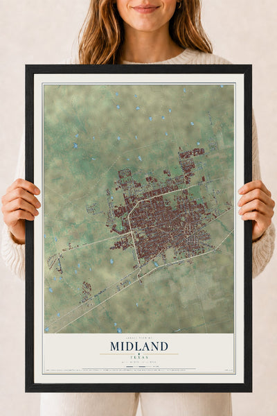Map of Midland, Texas, 18 x 24 inch print in a black wood frame