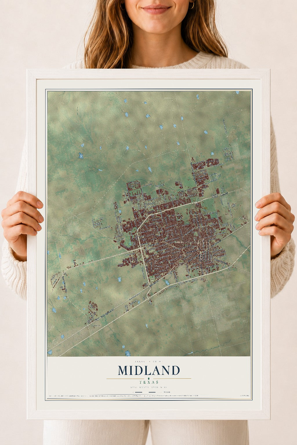 Map of Midland, Texas, 18 x 24 inch print in a white wood frame