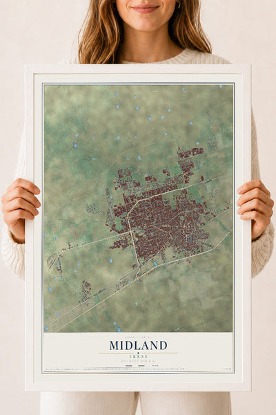 Map of Midland, Texas, 18 x 24 inch print in a white wood frame