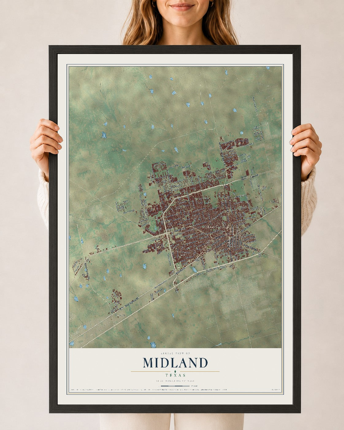 Map of Midland, Texas, 24 x 36 inch print in a black wood frame