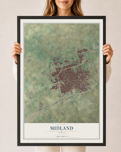 Map of Midland, Texas, 24 x 36 inch print in a black wood frame