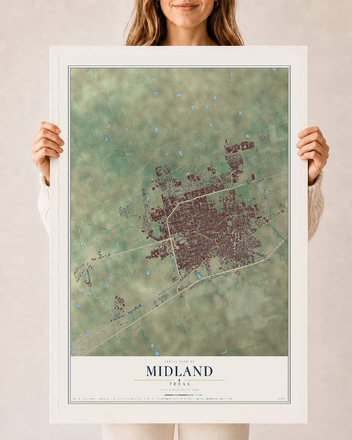 Map of Midland, Texas, 24 x 36 inch print in a white wood frame