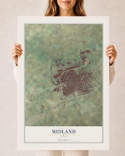 Map of Midland, Texas, 24 x 36 inch print in a white wood frame