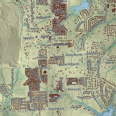 Close-up of the map of Midlothian, Texas print showing street and building detail