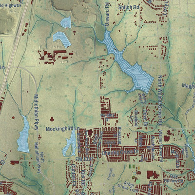 Second close-up of the map of Midlothian, Texas print showing more streets and buildings