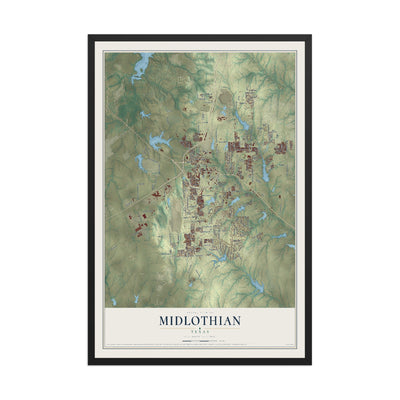 Map of Midlothian, Texas, 12 x 18 inch print in a black wood frame