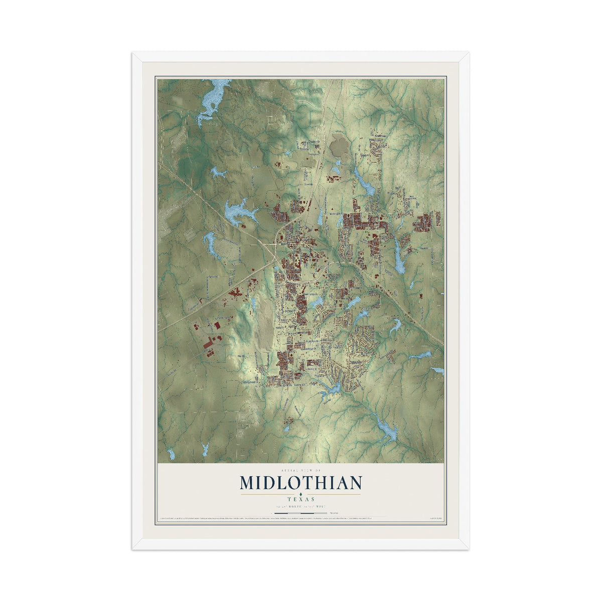 Map of Midlothian, Texas, 12 x 18 inch print in a white wood frame
