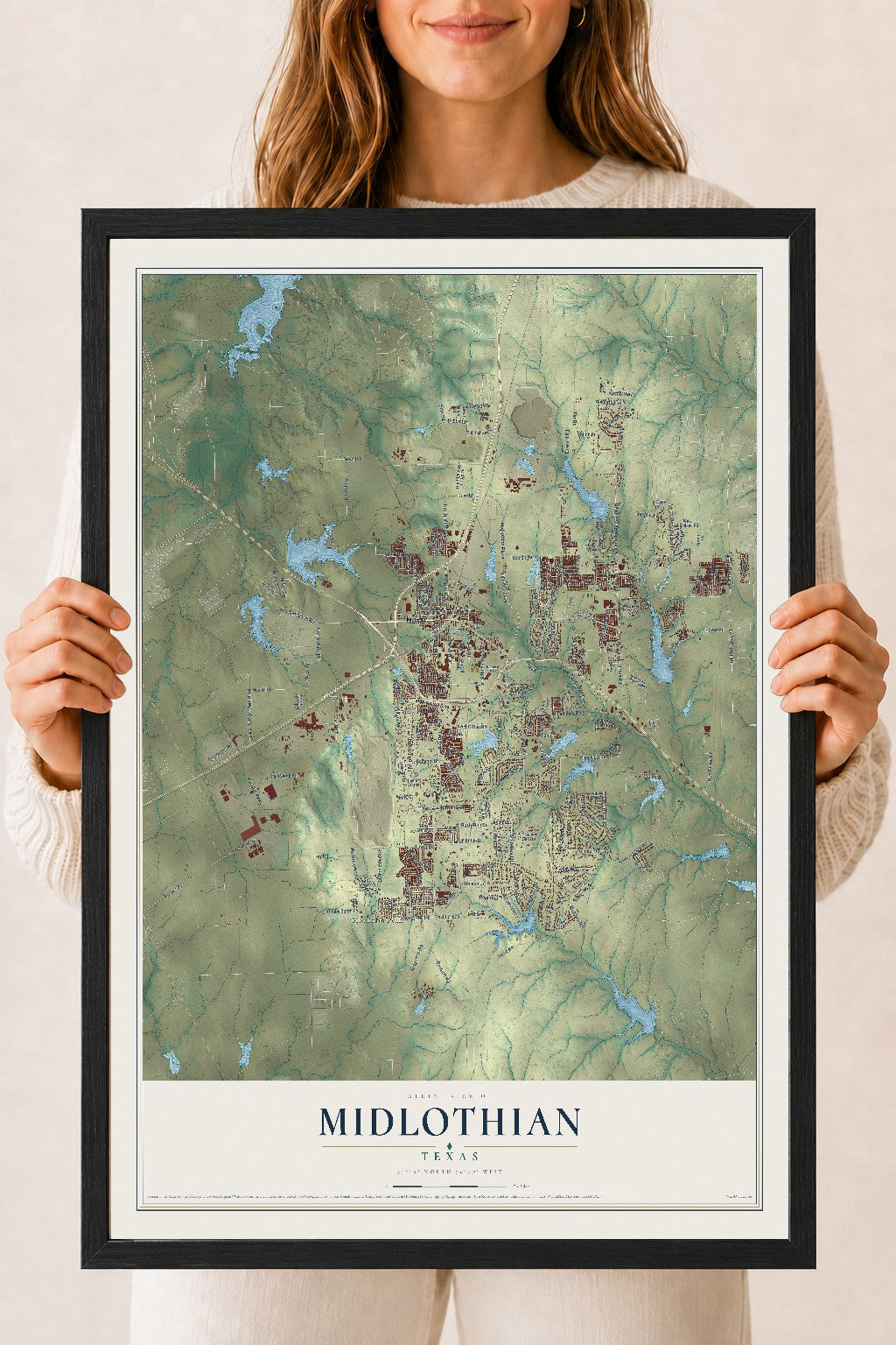 Map of Midlothian, Texas, 18 x 24 inch print in a black wood frame