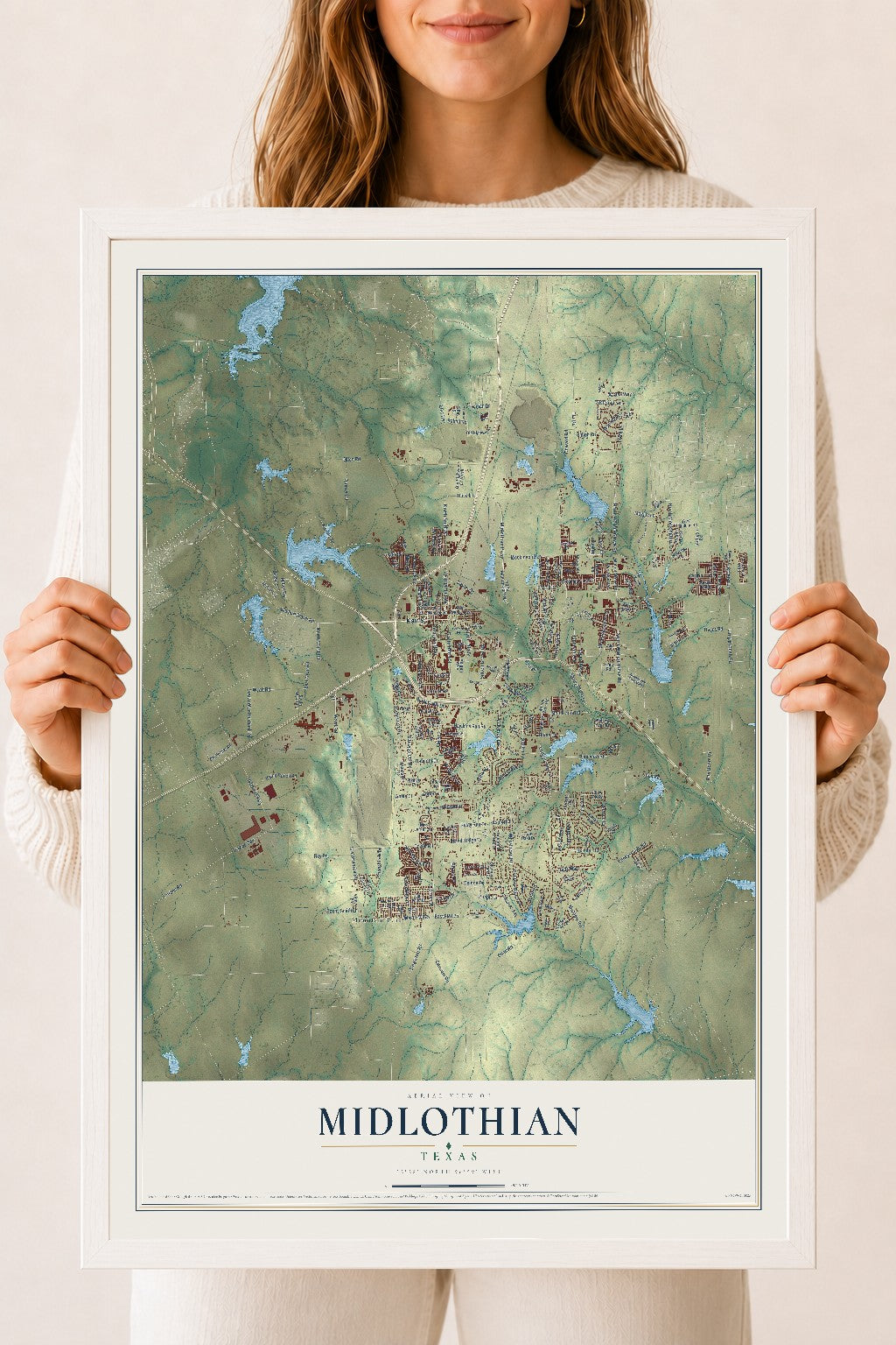 Map of Midlothian, Texas, 18 x 24 inch print in a white wood frame